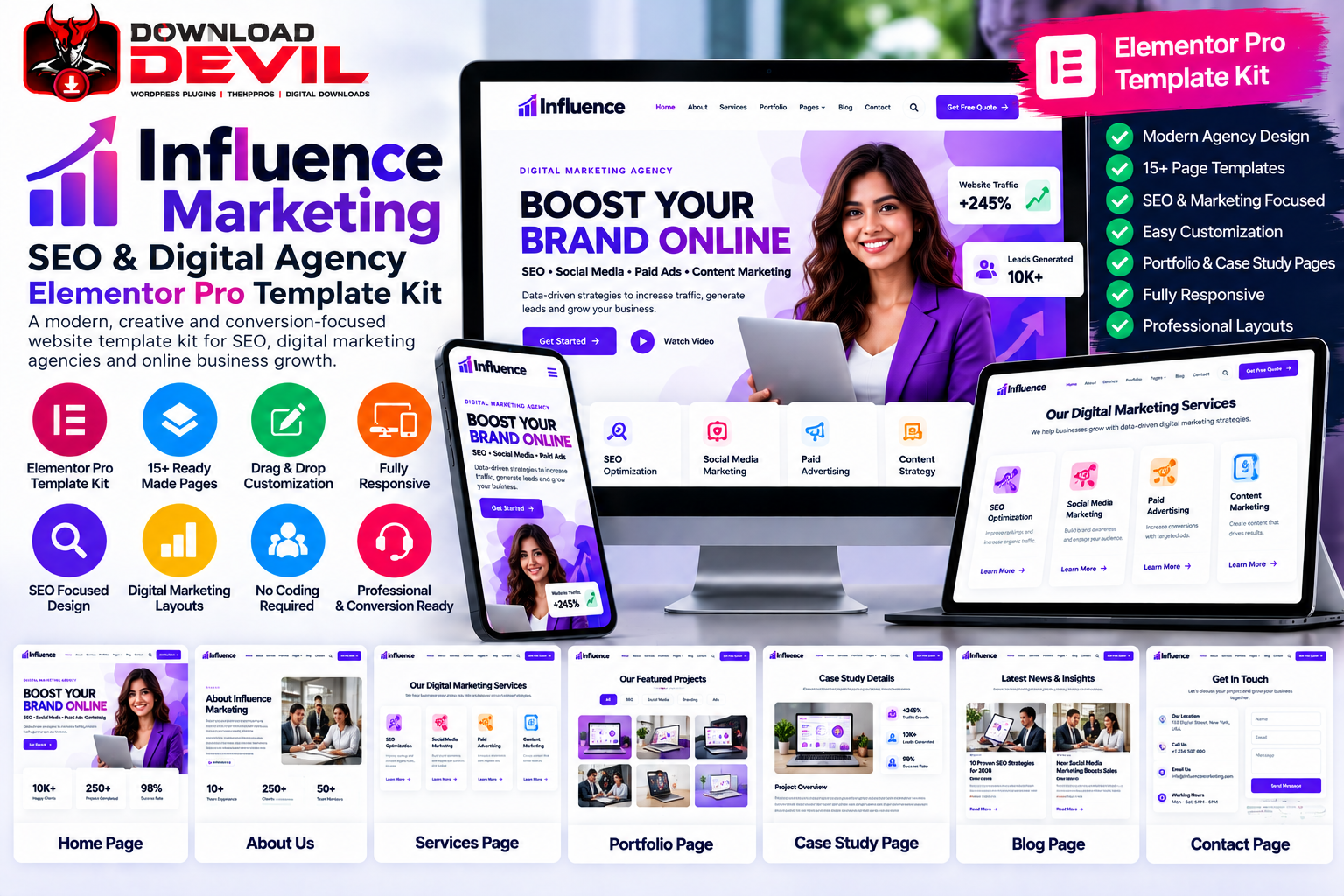 Influence Marketing SEO & Digital Agency Elementor Pro Template Kit