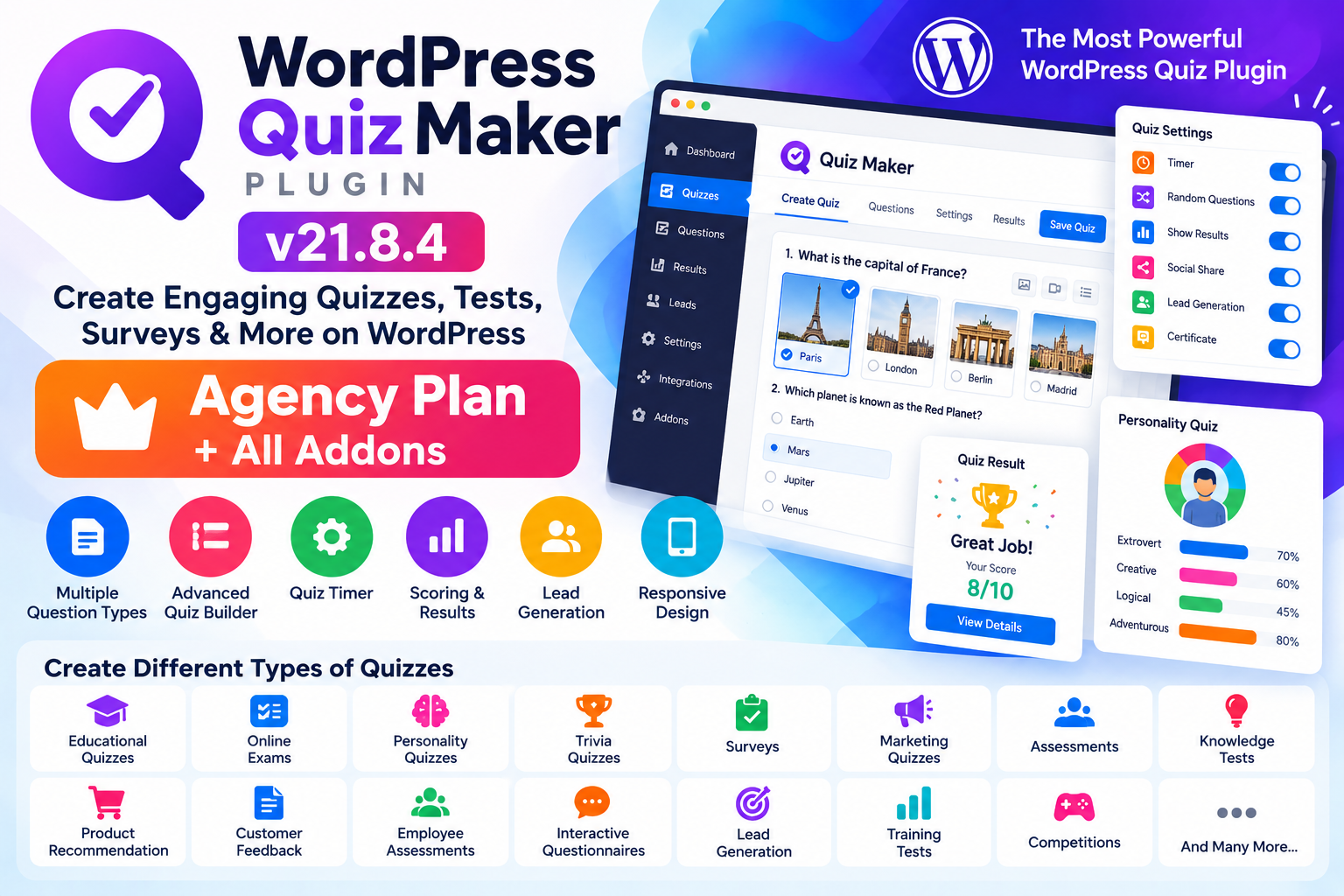 WordPress Quiz Maker Plugin v21.8.4 – Agency Plan + All Addons